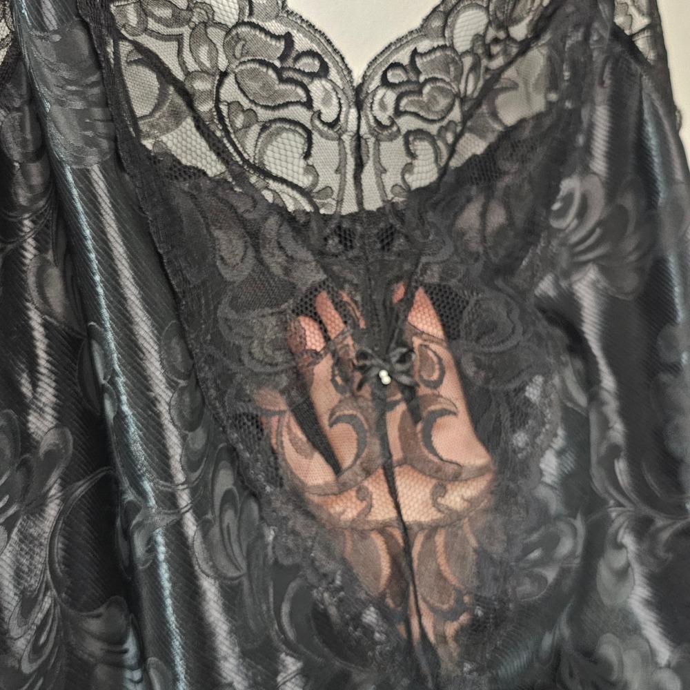 Vintage 90s Shirley of Hollywood Cami L Black Lace Bow Pearl Coquette Whimsigoth - Picture 5 of 11